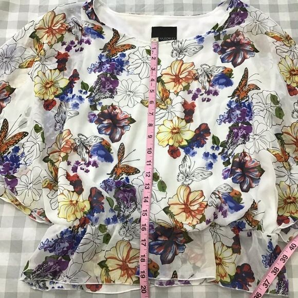 CYNTHIA Rowley silky floral butterfly sleeve top blouse round neckline large - Picture 10 of 13